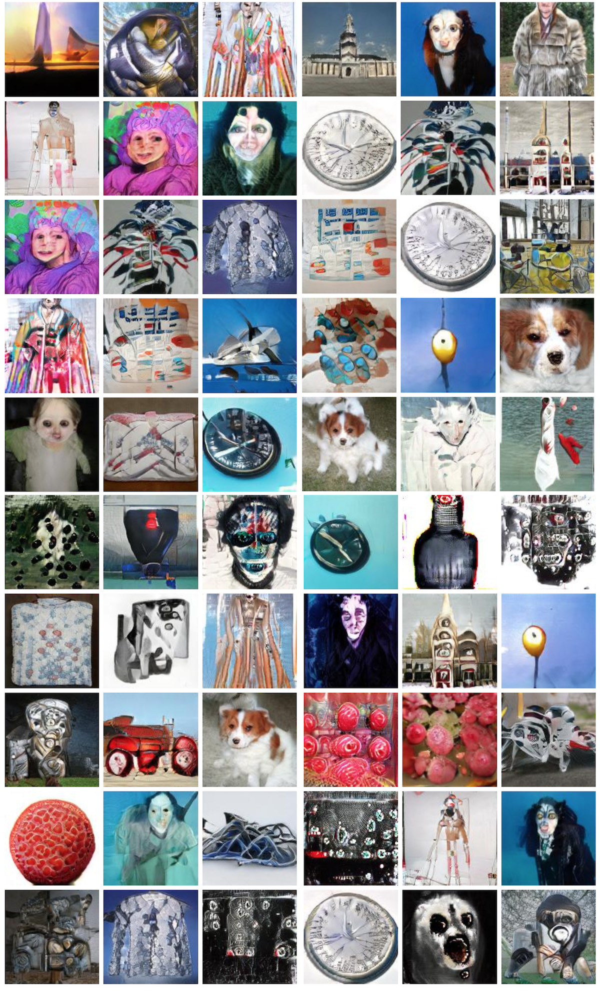 A grid of Ganbreeder images mixing animals, objects and landscapes