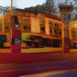 A bus on a city street generated from a caption.
