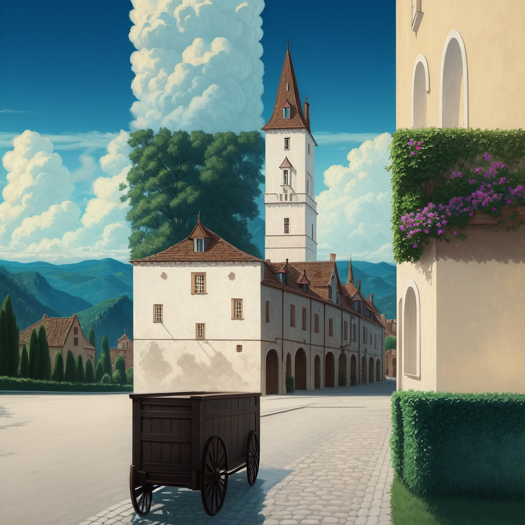A village scene arranged in alternating square blocks of buildings, trees, sky and clouds.
