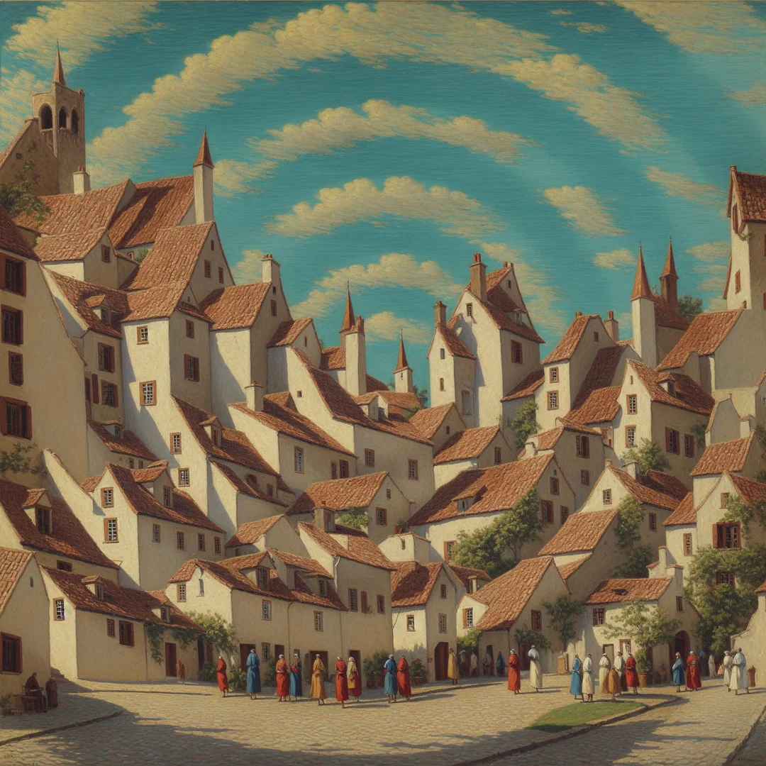 A painted village with red roofs and curved cloud bands forming a spiral across the sky and buildings.