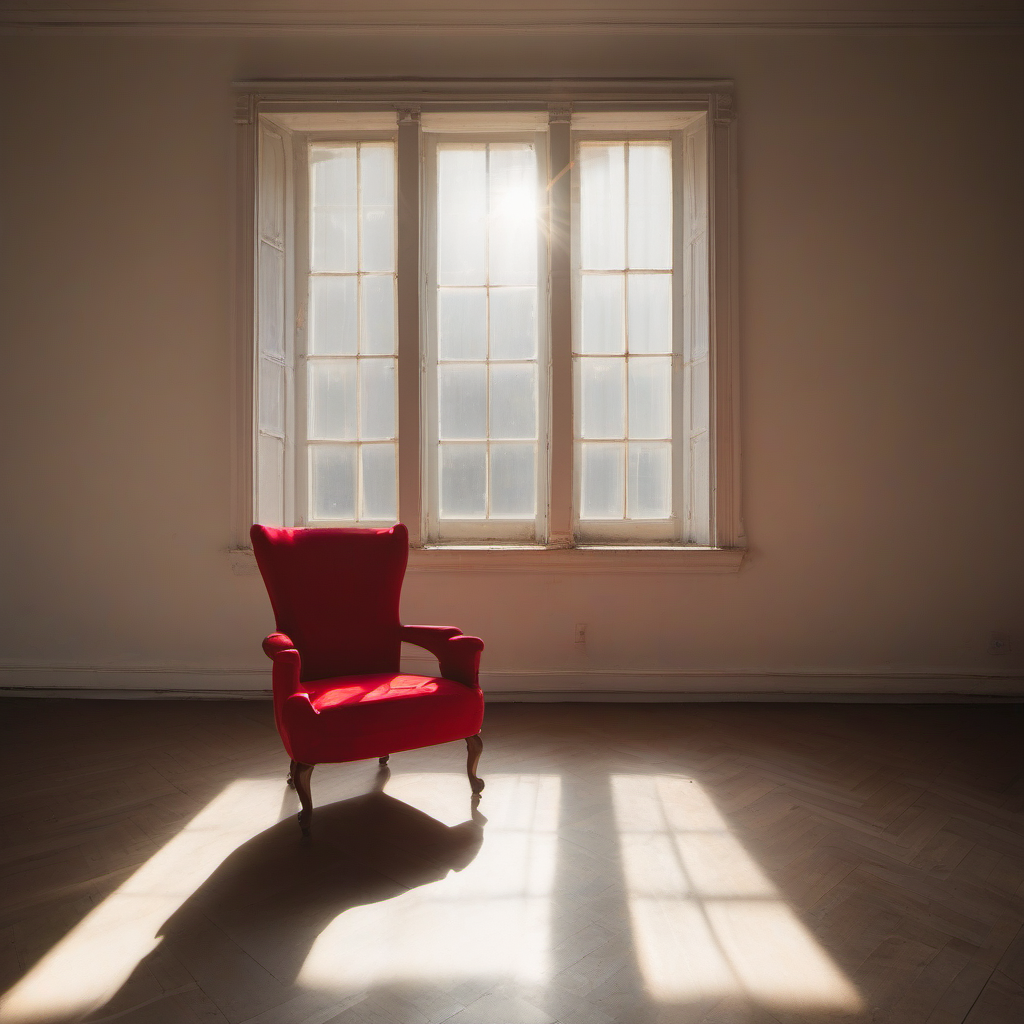 A red chair in an empty sunlit room generated by the original SDXL 1.0 base model.